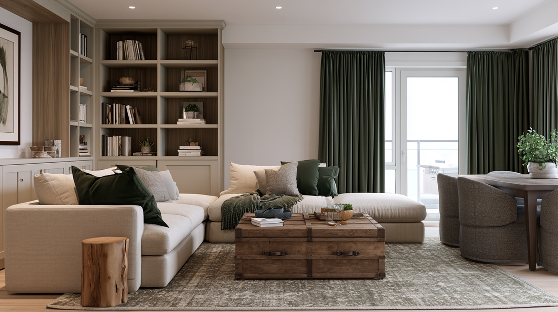 Modern classic small condo living room with built-in storage and a defining area rug