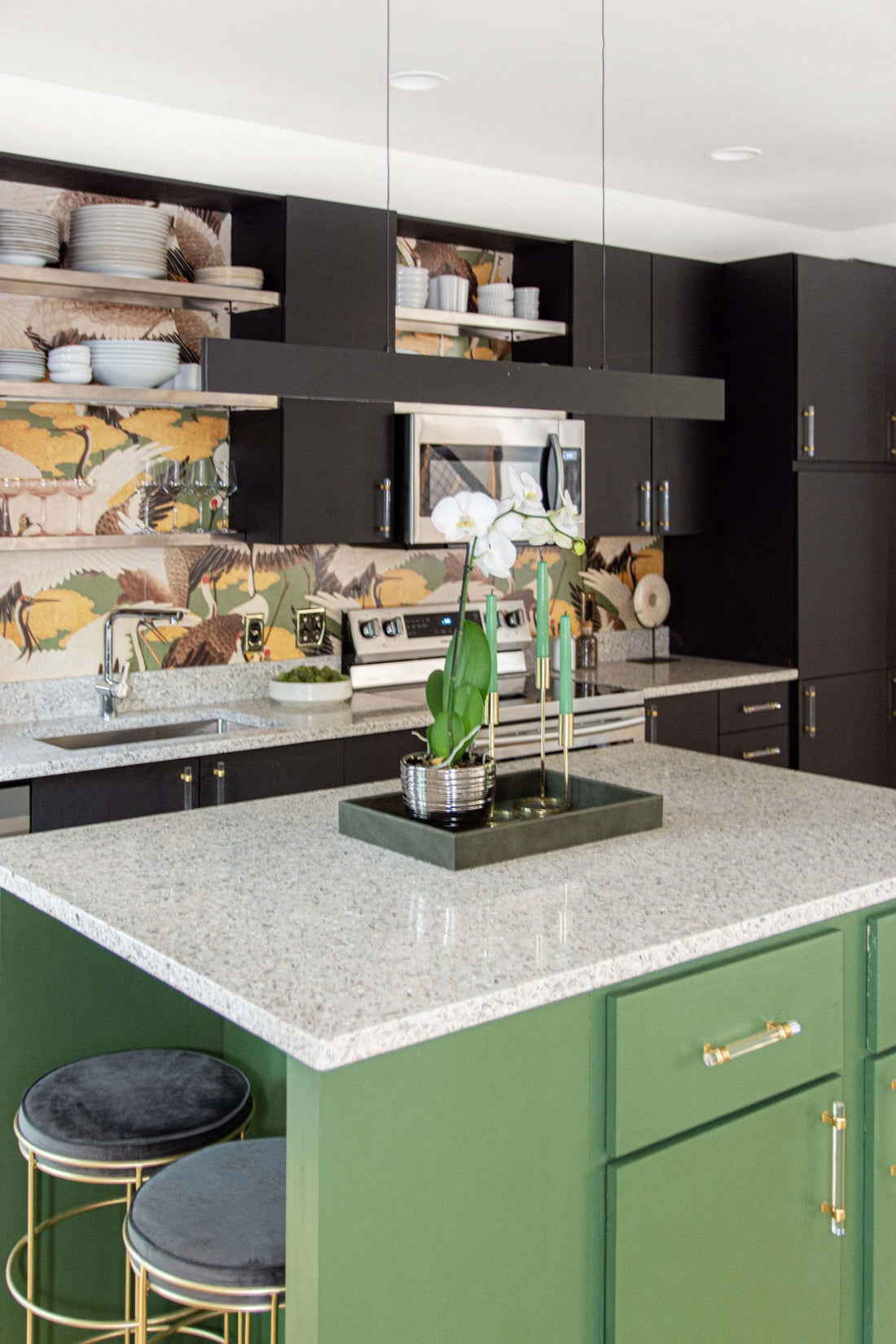 Modern kitchen makeover with Vetrazzo terrazzo countertops, black cabinets, and green island on Thou Swell #kitchen #kitchendesign #kitchenideas #modernkitchen #vetrazzo #terrazzo #countertops #polycor