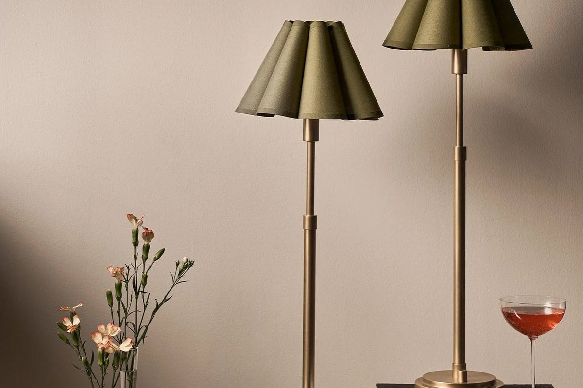 Arabella natural brass buffet lamp with a green scalloped linen shade