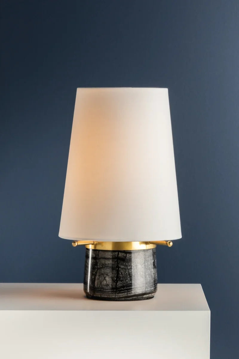 Black marble cordless table lamp with a white linen shade, from the Kevin Francis Design cordless lamp collection