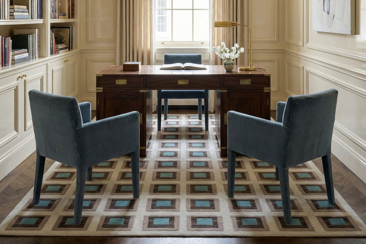 Blue area rugs by Kevin Francis Design, hand-knotted and hand-tufted New Zealand wool