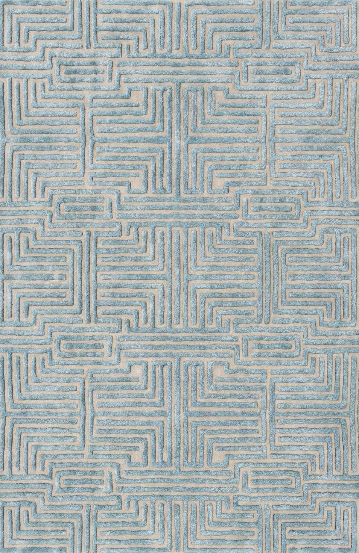 Light blue Knossos hand-tufted maze rug by Kevin Francis Design