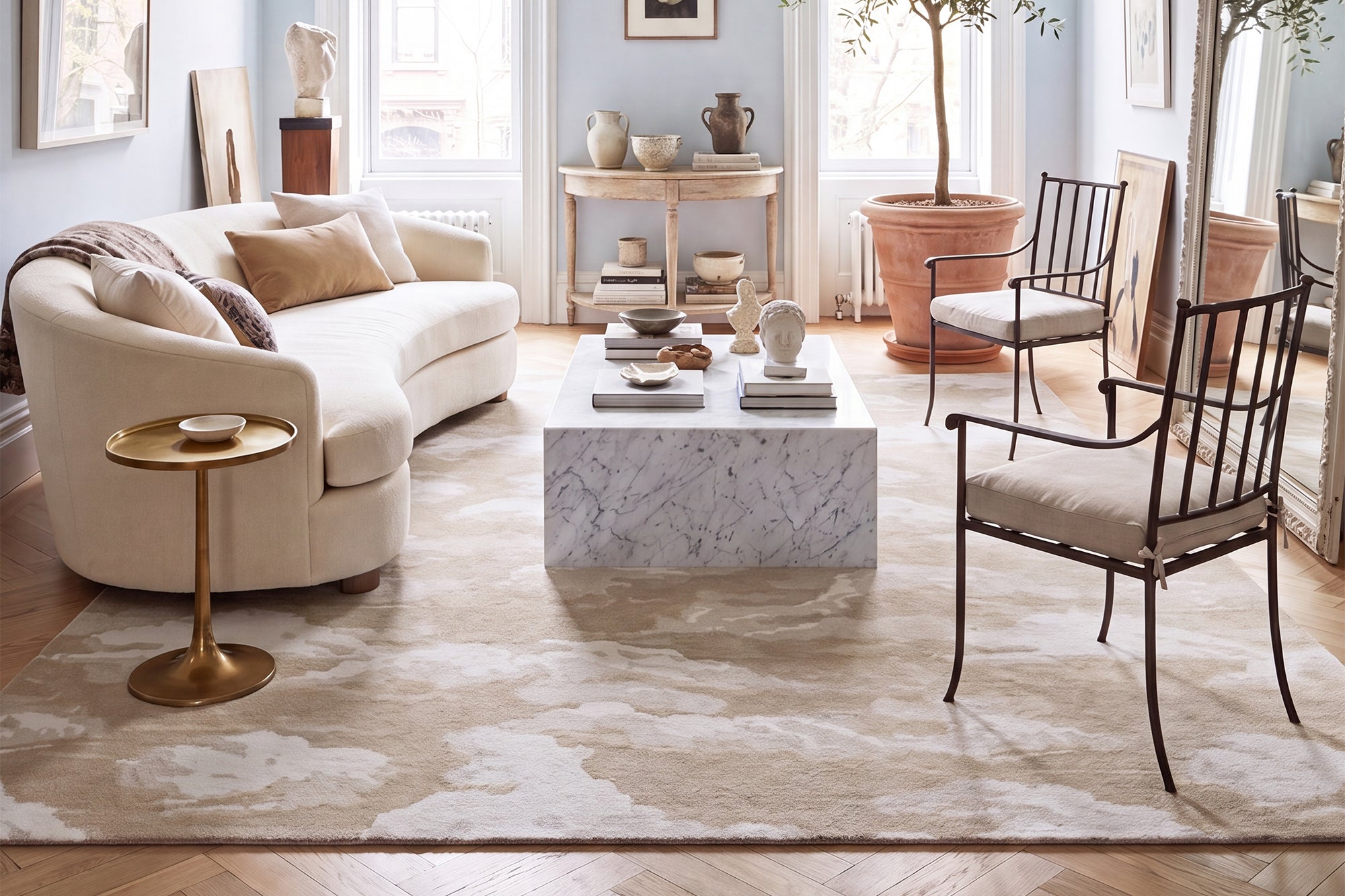 Neutral tan and cream area rugs by Kevin Francis Design, hand-tufted and hand-knotted wool