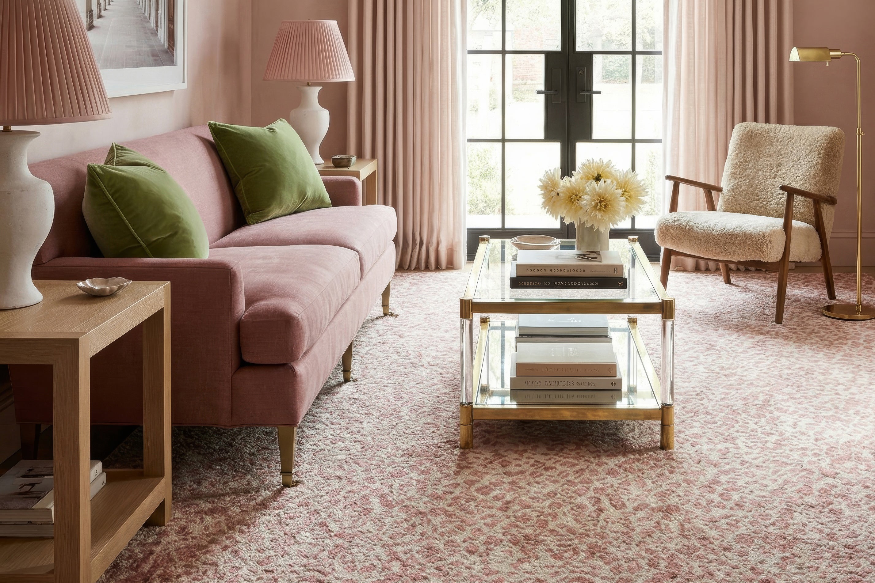 Pink Panthera leopard performance rug by Kevin Francis Design in a living room
