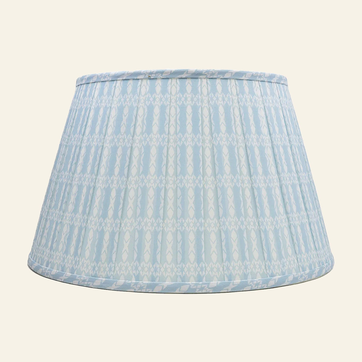 Eastwood light blue printed pleated lamp shade by Kevin Francis Design showing detailed fabric and classic pleated design.