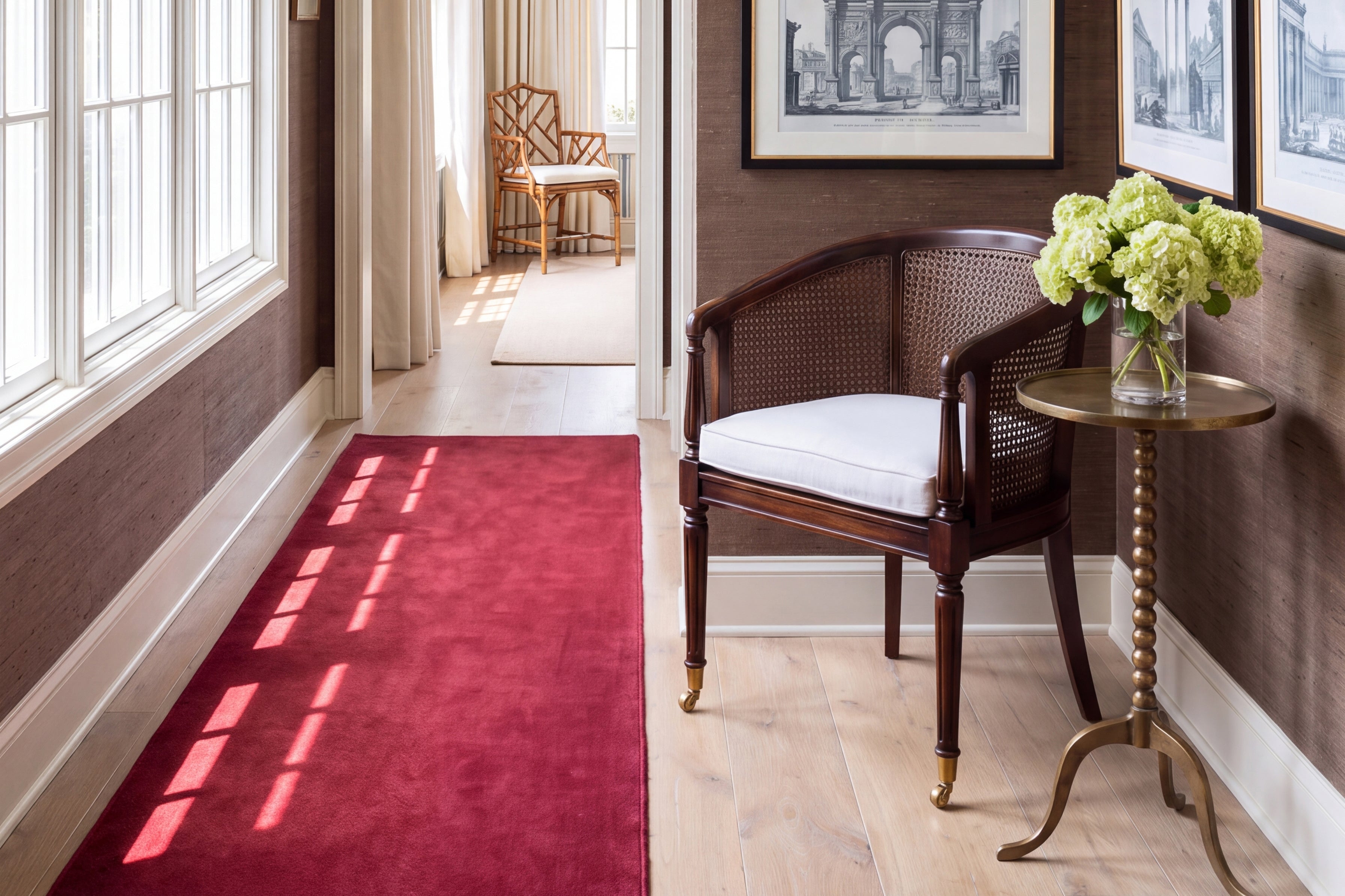 Red area rugs by Kevin Francis Design, oxblood handloomed wool and hand-knotted Turkish rugs