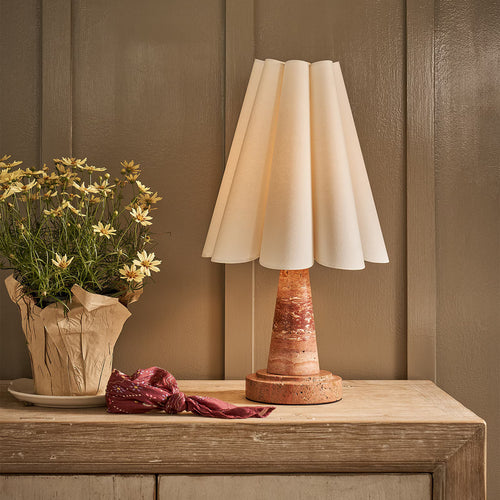 Red marble 22-inch Cecil mini table lamp by Kevin Francis Design with a sleek modern base and fabric shade.