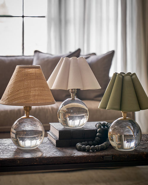 Louis Crystal Mini Table Lamp by Kevin Francis Design in natural brass, 13 inches tall, shown on a styled console.