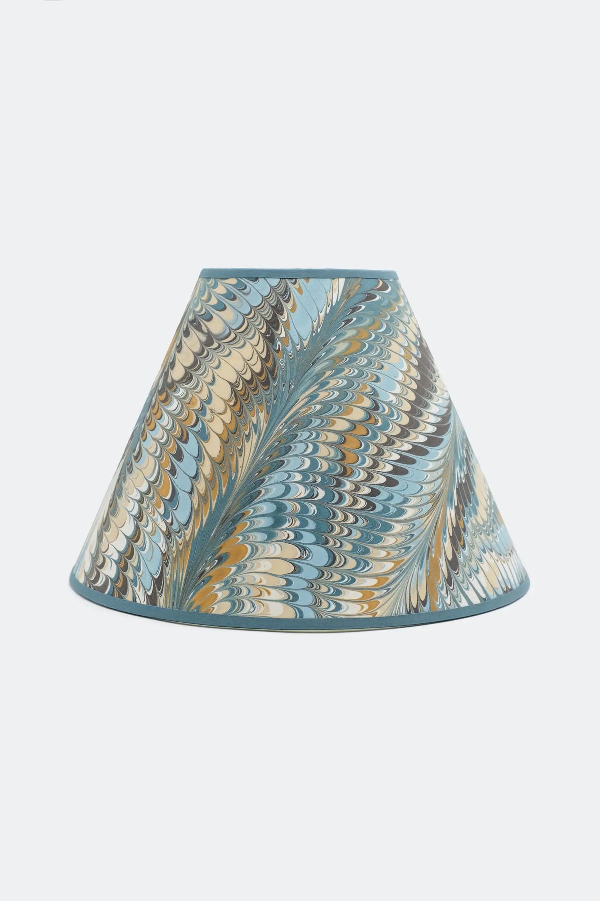 Kelmscott blue and gold hand-marbled empire lamp shade from Kevin Francis Design, combed feather marbling in slate blue, ochre and cream.