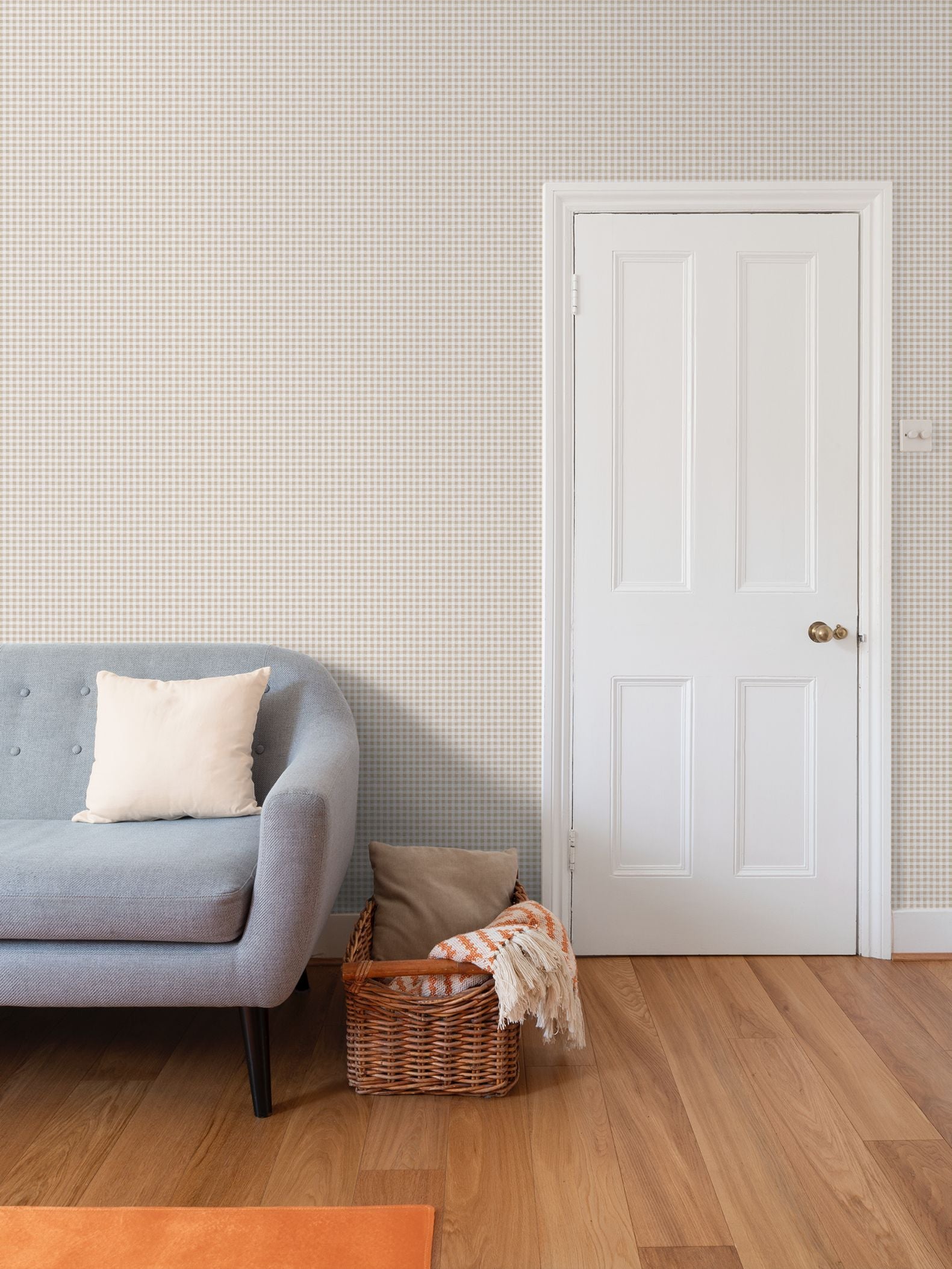 Austen Small Gingham Check Wallpaper – Linen Tan by Kevin Francis Design | Luxury Area Rugs & Home Decor