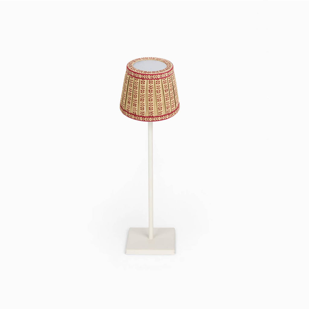 Red Ochre Floral Stripe block-printed cotton Poldina lamp shade cover by Kevin Francis Design