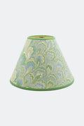 Caslon green hand-marbled empire lamp shade from Kevin Francis Design, seaglass green and soft blue peacock marbling with a grass green trim.