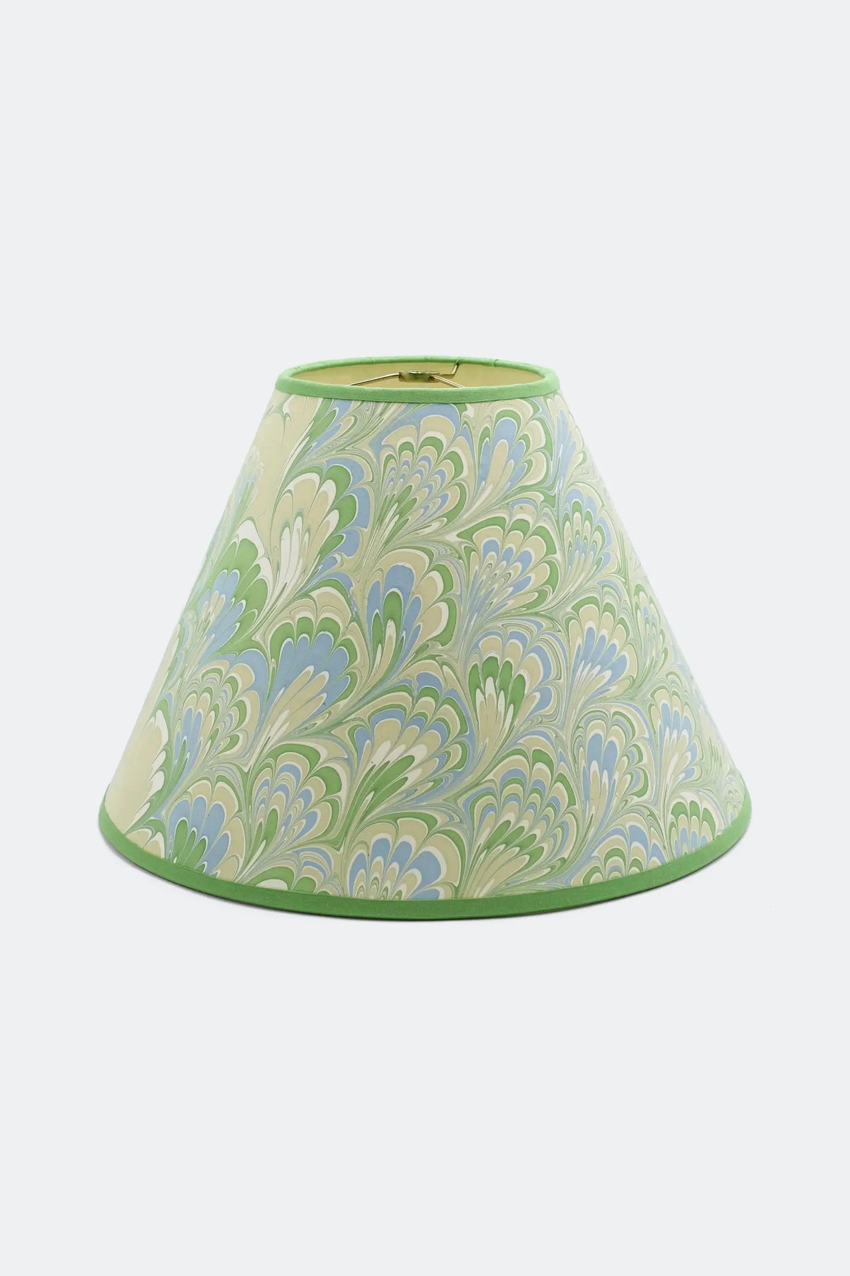 Caslon green hand-marbled empire lamp shade from Kevin Francis Design, seaglass green and soft blue peacock marbling with a grass green trim.