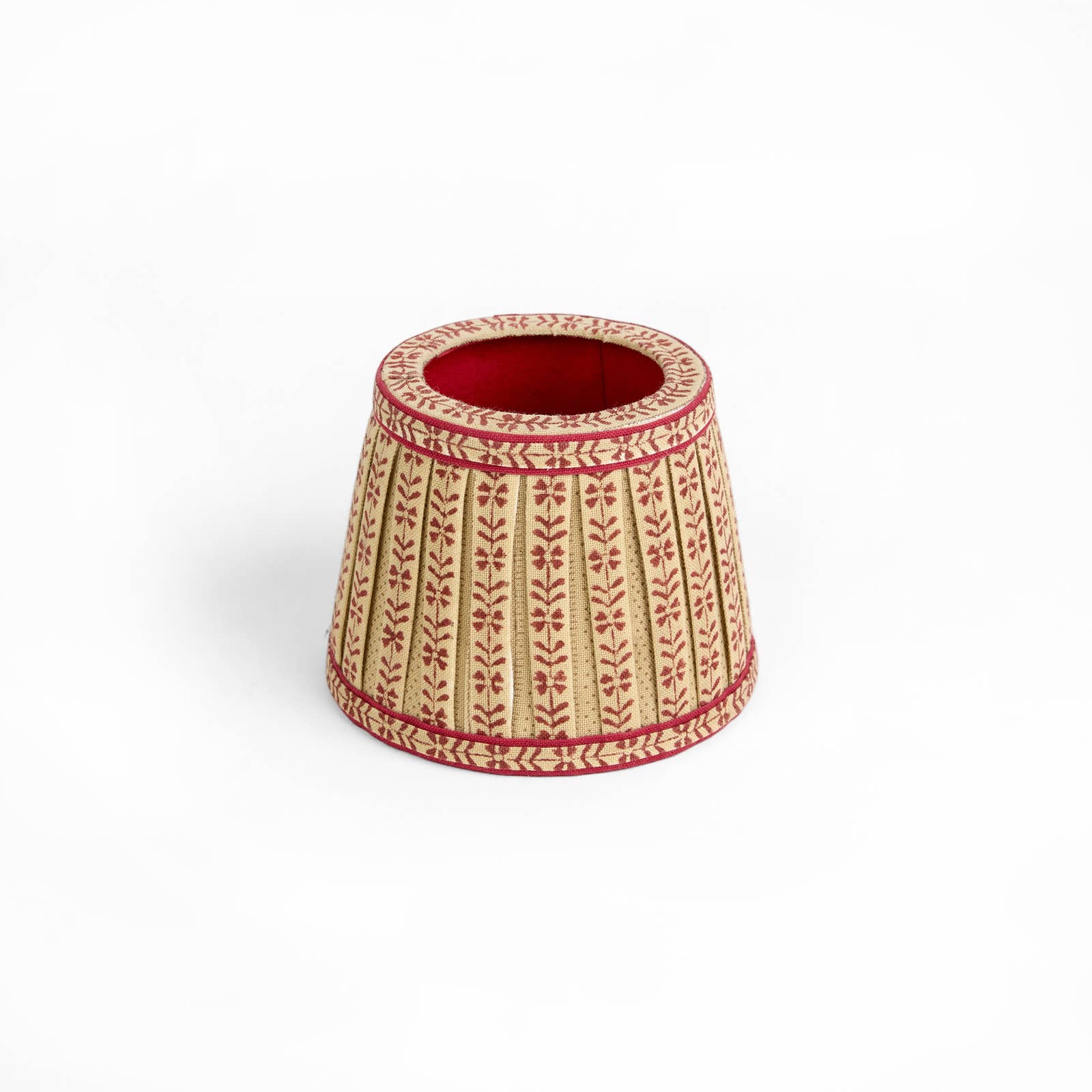 Red Ochre Floral Stripe block-printed cotton Poldina lamp shade cover by Kevin Francis Design