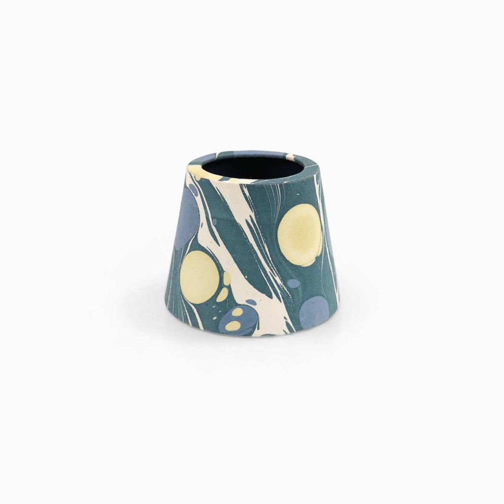 Blue Yellow Pebble hand-marbled paper Poldina lamp shade cover by Kevin Francis Design