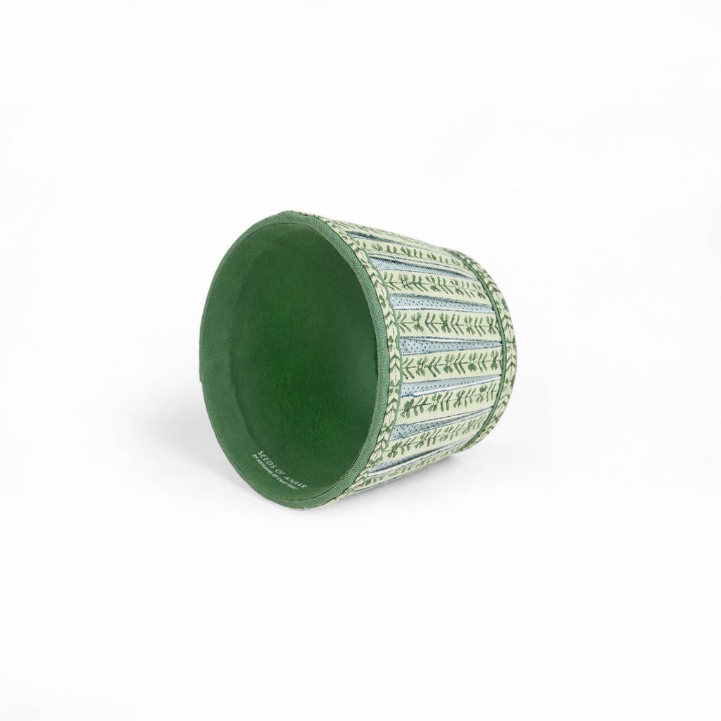 Mint Sky Rhea block-printed cotton Poldina lamp shade cover by Kevin Francis Design