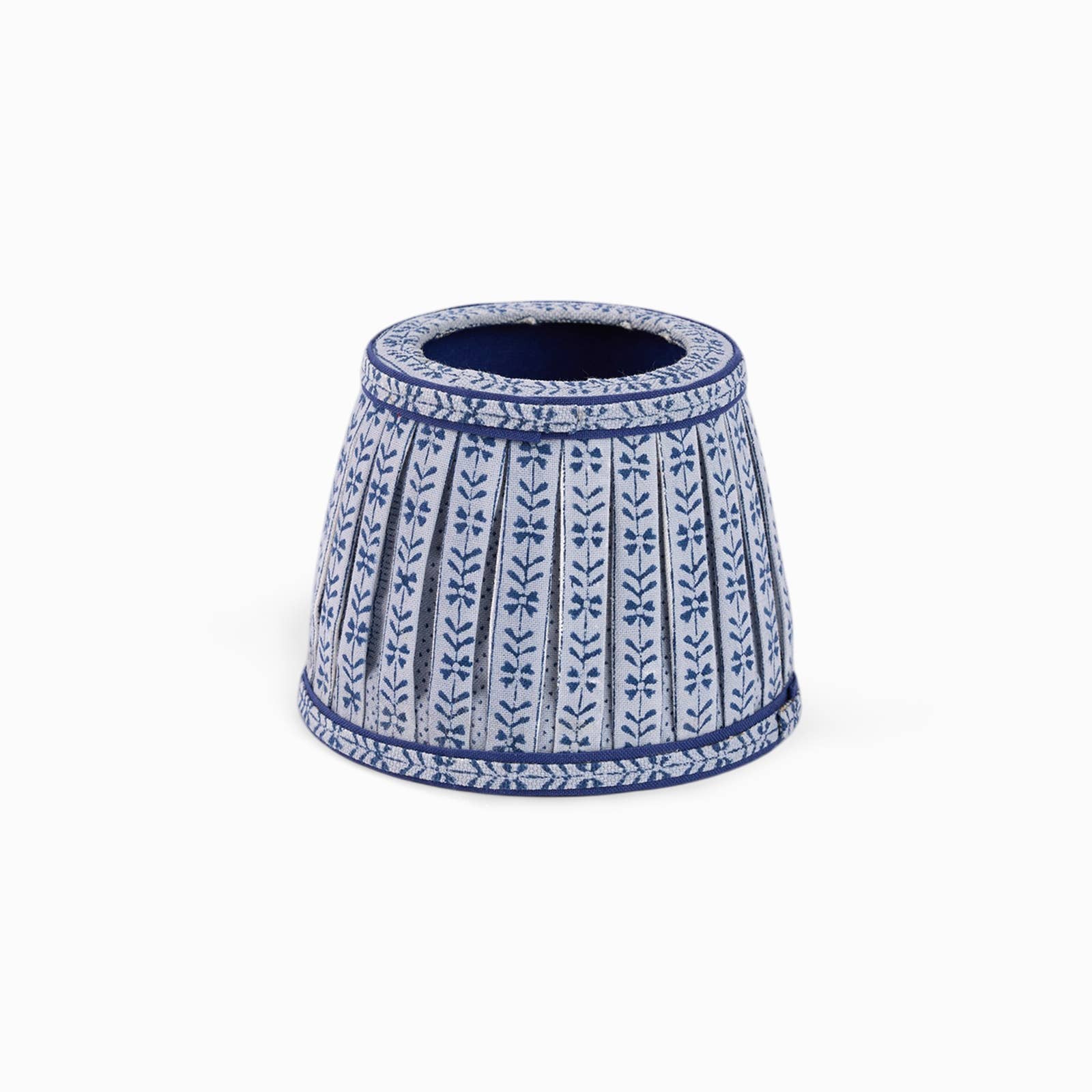 Harbor Blue Floral Stripe block-printed cotton Poldina lamp shade cover by Kevin Francis Design