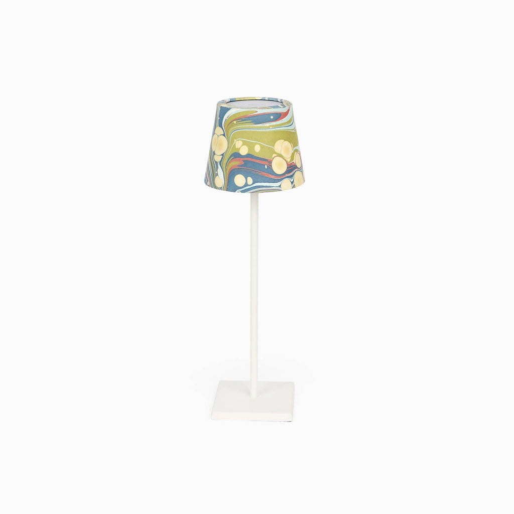 Ocean Fire Whirl hand-marbled paper Poldina lamp shade cover by Kevin Francis Design