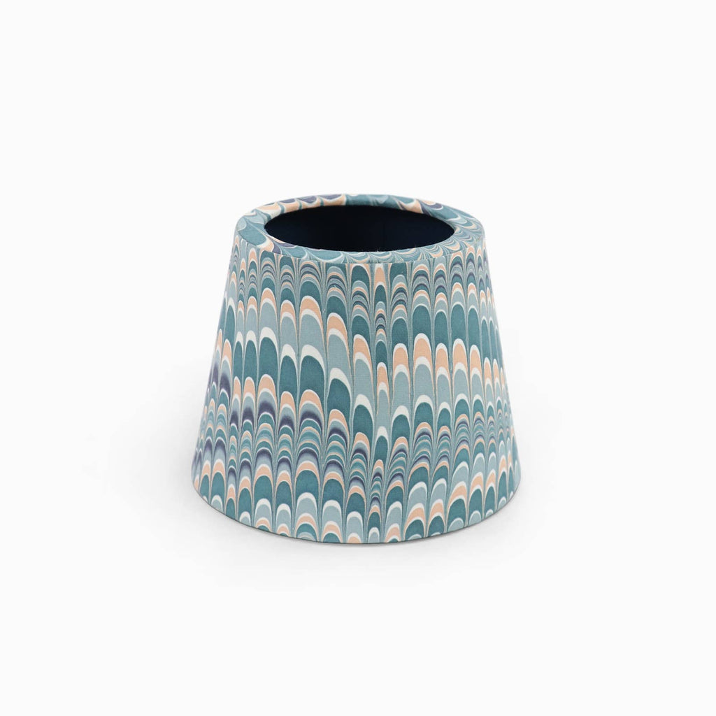 Blue Ochre Mountain hand-marbled paper Poldina lamp shade cover by Kevin Francis Design