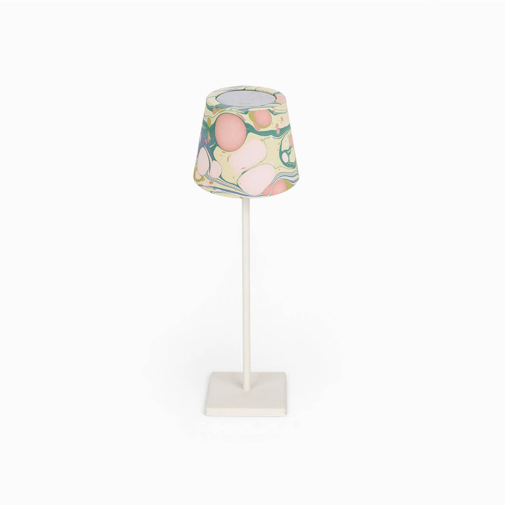 Moss Pebble hand-marbled paper Poldina lamp shade cover by Kevin Francis Design