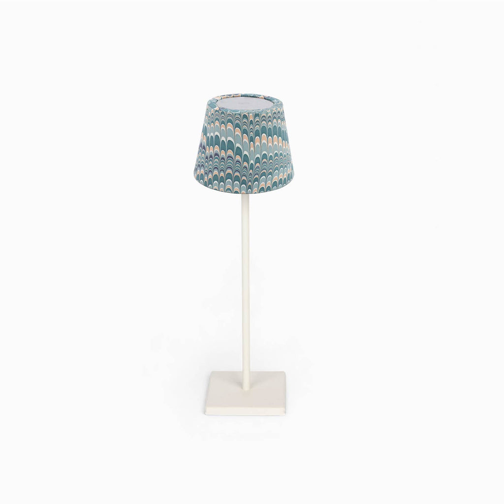 Blue Ochre Mountain hand-marbled paper Poldina lamp shade cover by Kevin Francis Design