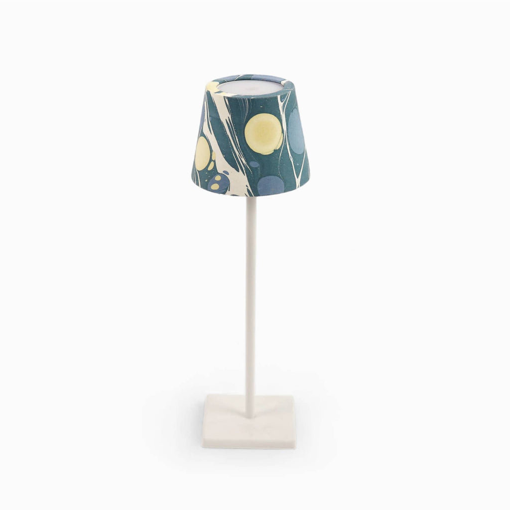Blue Yellow Pebble hand-marbled paper Poldina lamp shade cover by Kevin Francis Design