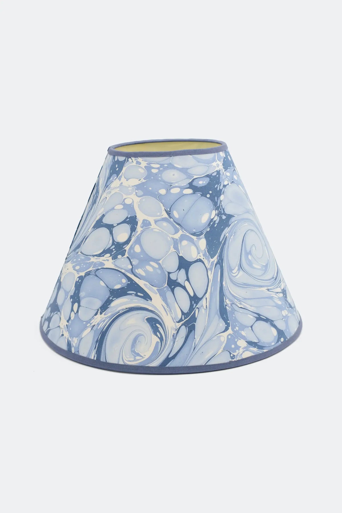 Chiswick blue and white hand-marbled empire lamp shade from Kevin Francis Design, cornflower and slate marbling on cream paper with a blue trim.