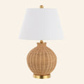 26-inch Beatrix round wicker table lamp by Kevin Francis Design with a woven wicker base and fabric shade.