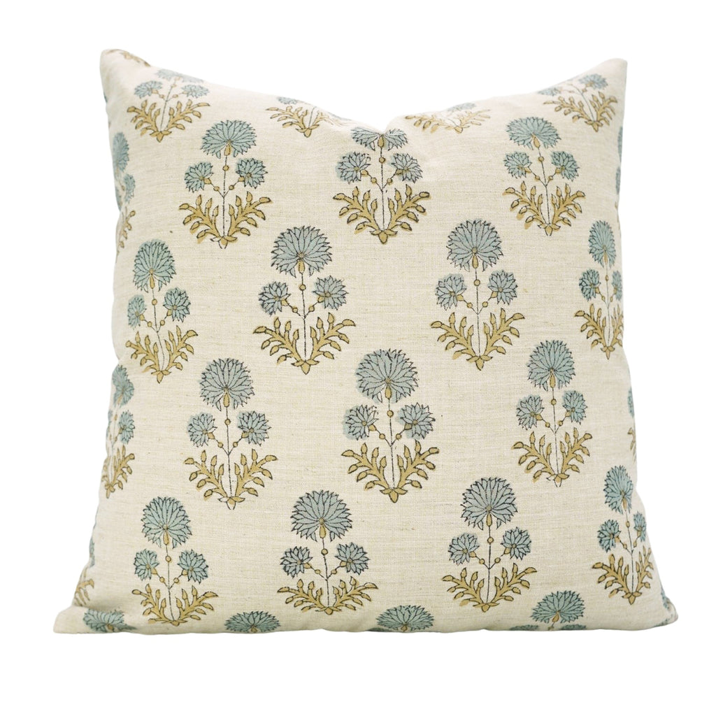 The Collier block print pillow cover in blue, 100% linen