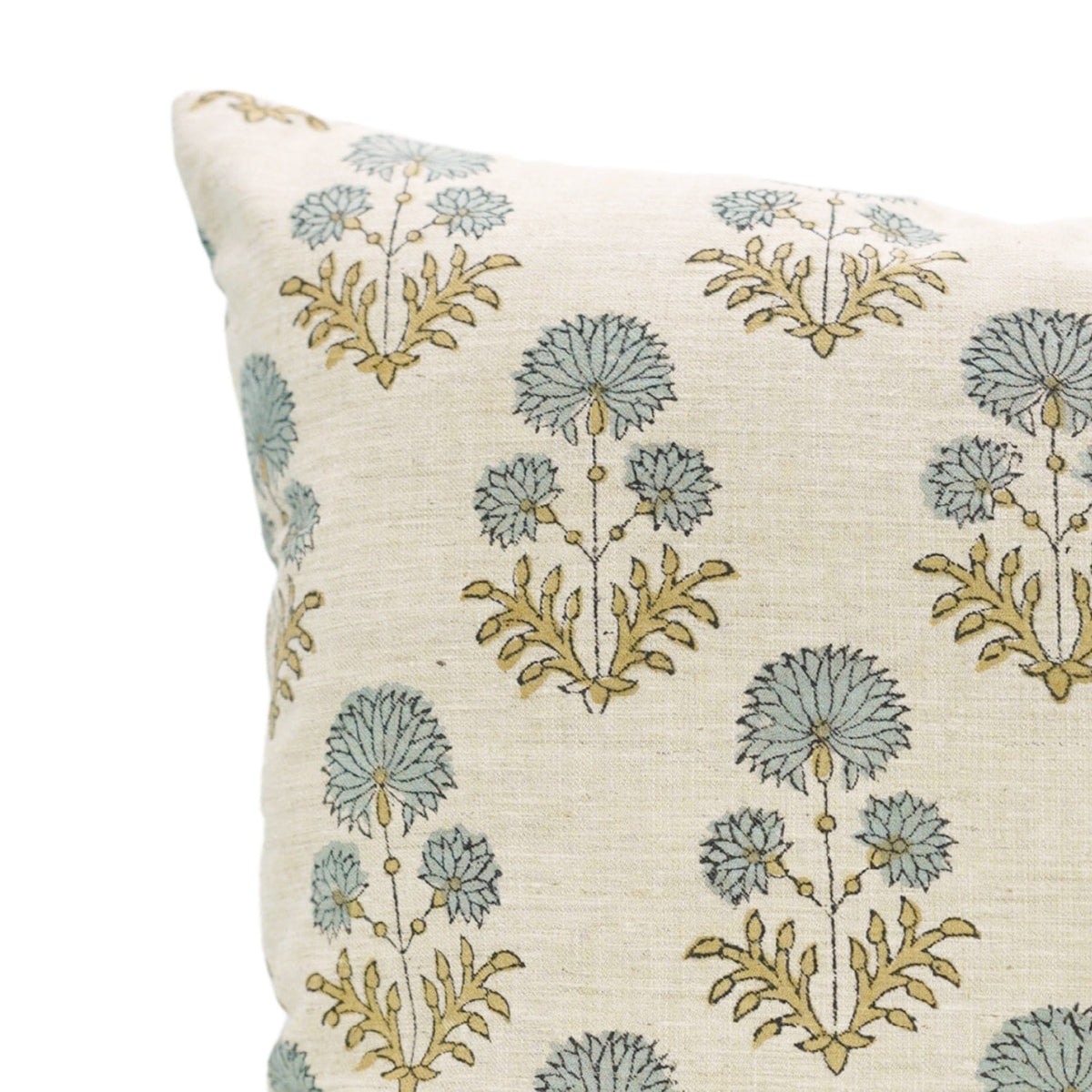 Hand block printed floral sprig pattern on the Collier 100% linen pillow cover