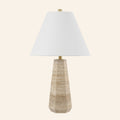 Kevin Francis Design 24-inch Caroline travertine stone table lamp with a sleek modern base and fabric shade.