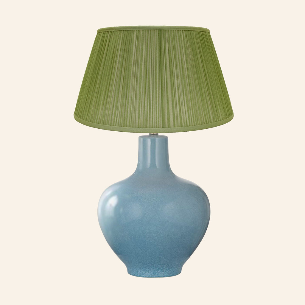 Celeste aqua blue glazed ceramic table lamp with a Park Green silk pleated shade.