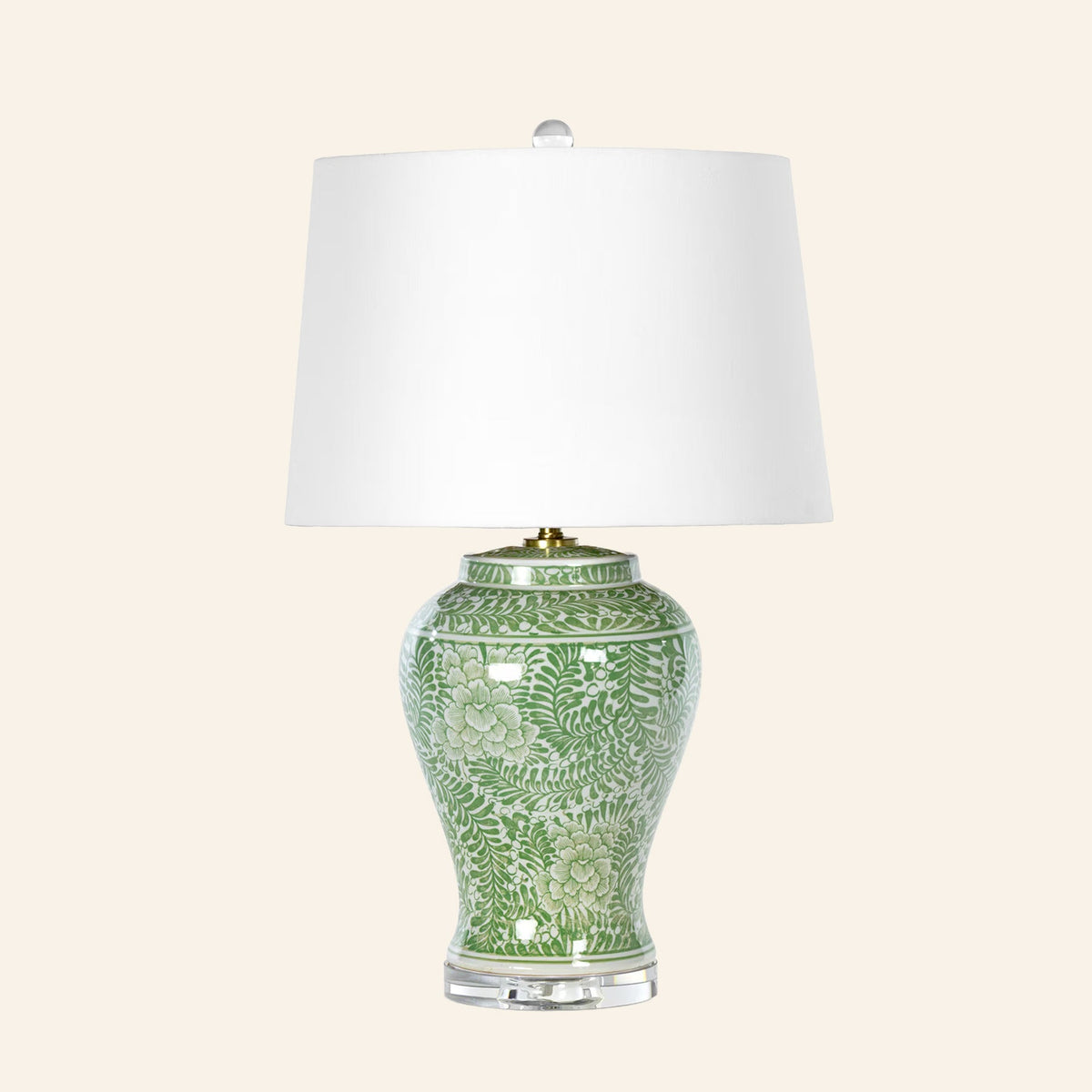 25-inch Clementine green hand-painted chinoiserie ceramic table lamp on a faceted crystal base by Kevin Francis Design.