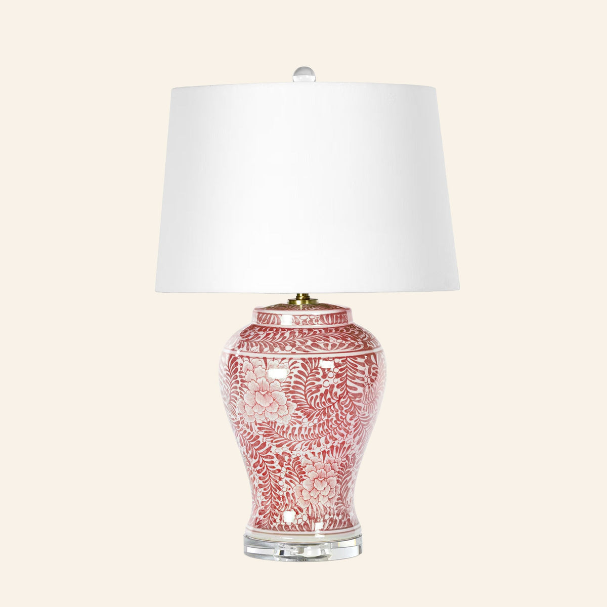 25-inch Clementine poppy red hand-painted chinoiserie ceramic table lamp on a faceted crystal base by Kevin Francis Design.