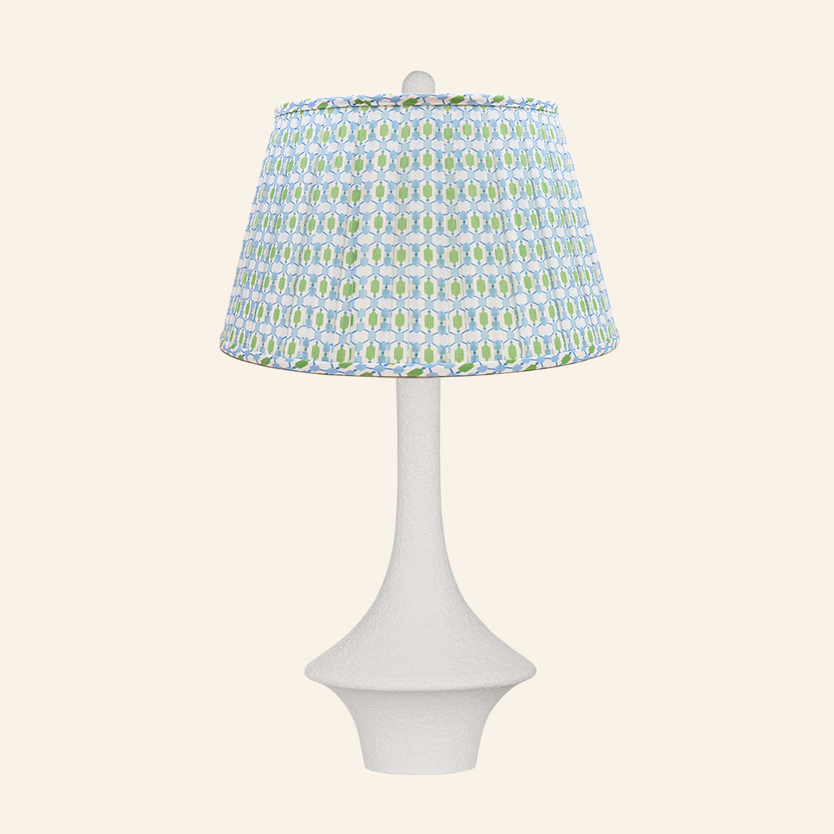 Constance matte white flared table lamp with an Ashford blue and green print pleated shade.
