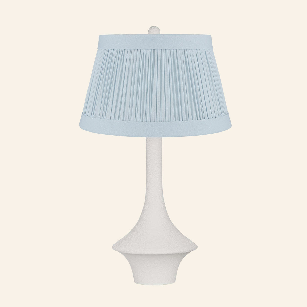 Constance matte white flared table lamp with a Hill Blue linen pleated shade.