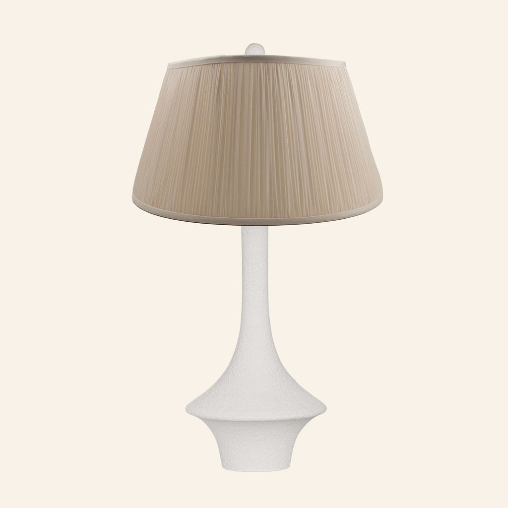 Constance matte white flared table lamp with a Park Taupe silk pleated shade.