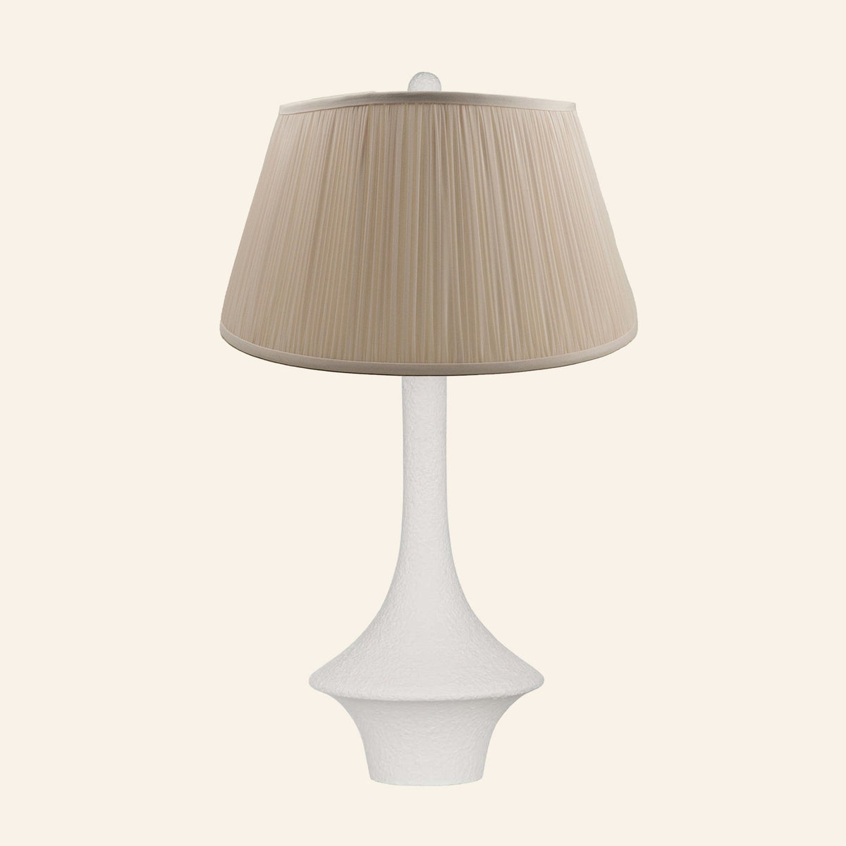Constance matte white flared table lamp with a Park Taupe silk pleated shade.