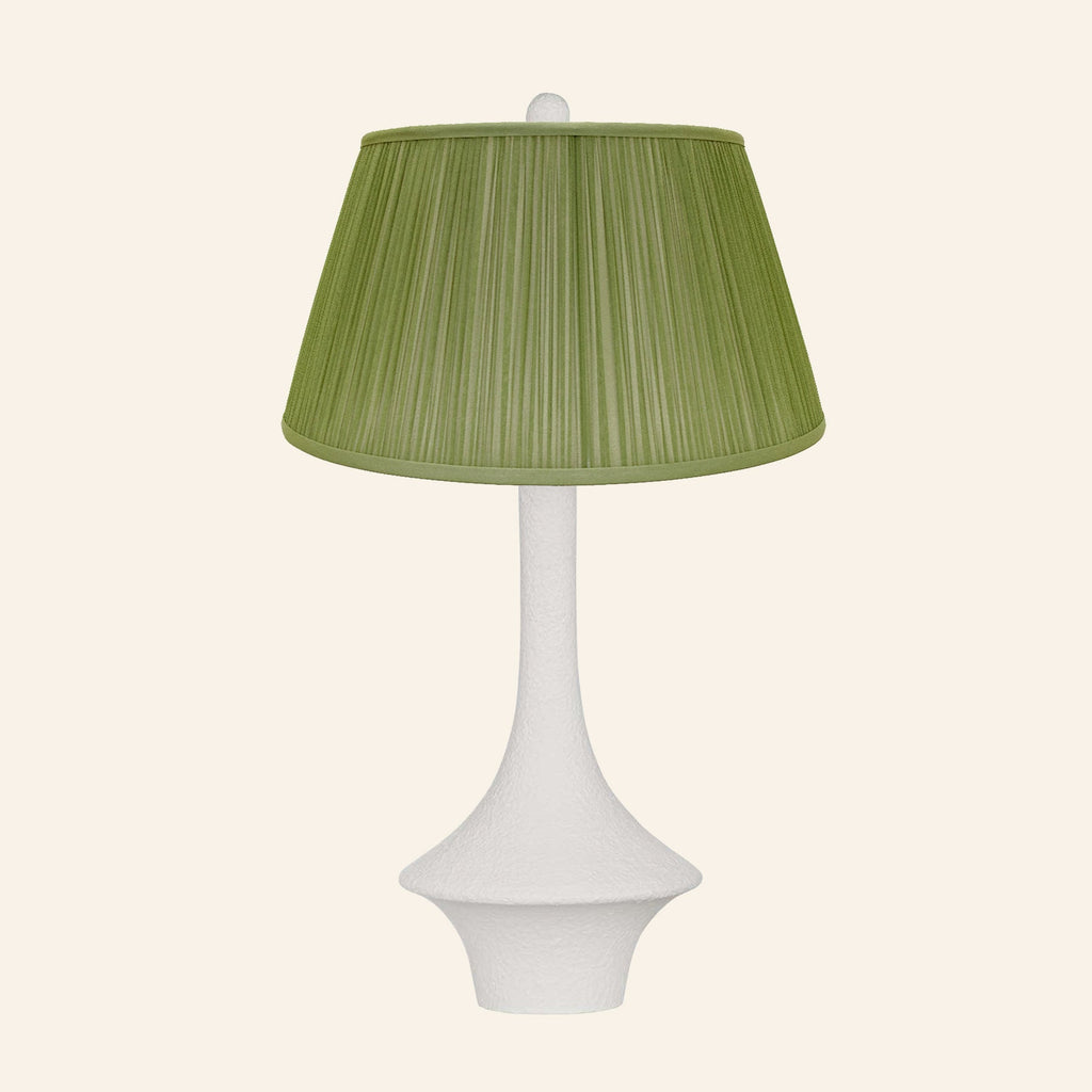 Constance matte white flared table lamp with a Park Green silk pleated shade.