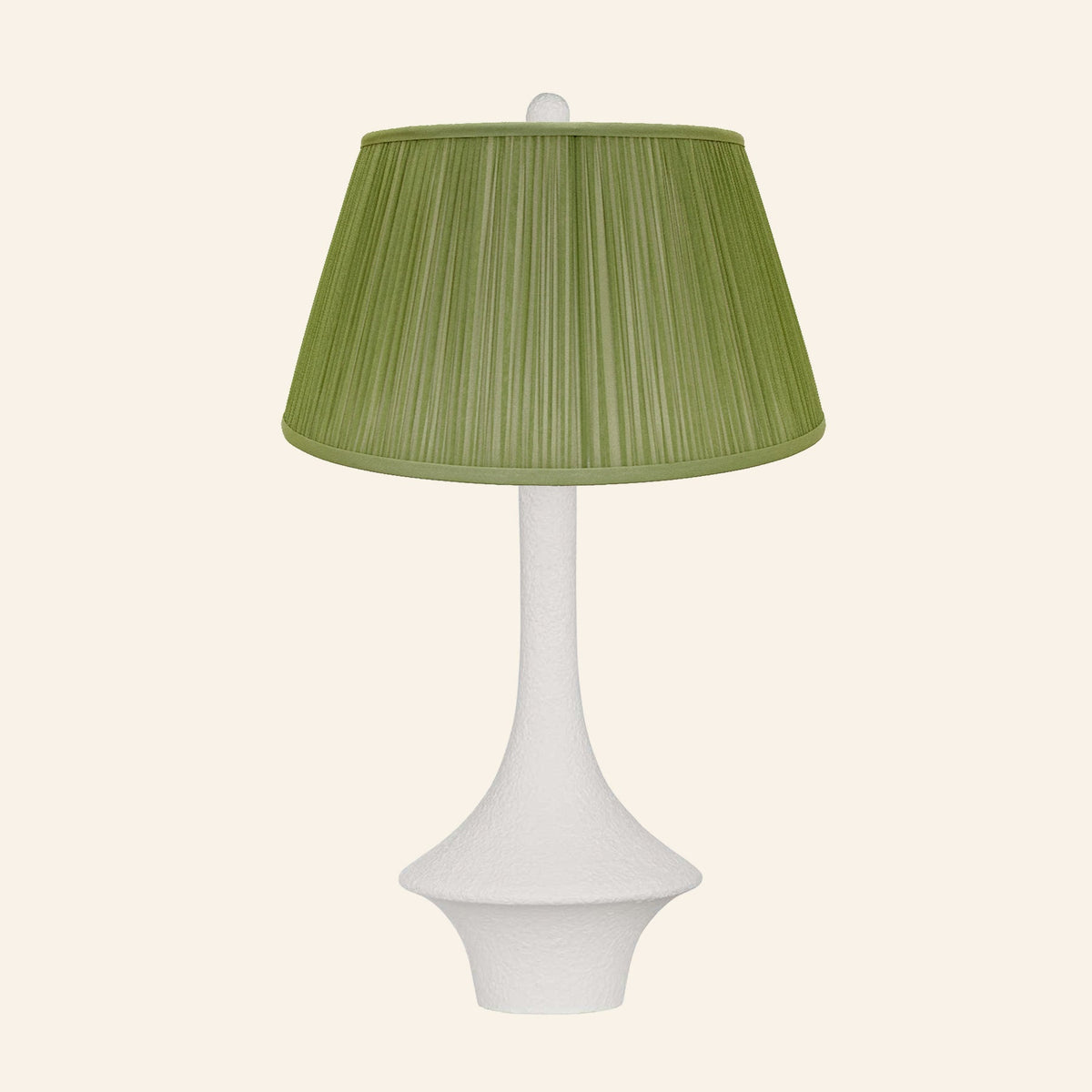 Constance matte white flared table lamp with a Park Green silk pleated shade.