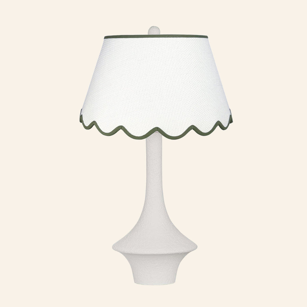 Constance matte white flared table lamp with a Pemberton Green scalloped shade.