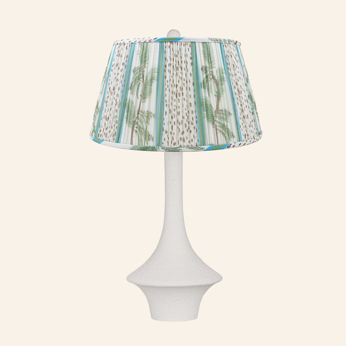Constance matte white flared table lamp with a Pinehurst blue and green print pleated shade.