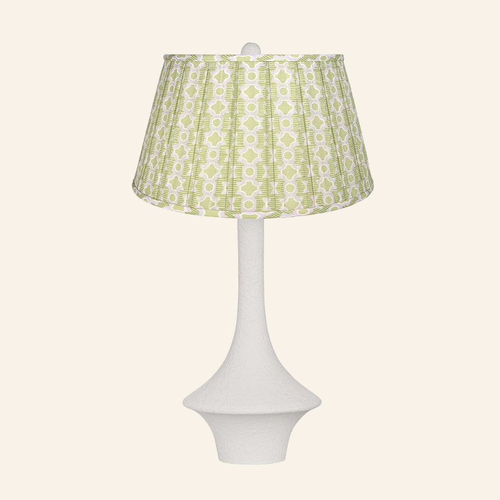 Constance matte white flared table lamp with a Willowbrook green and lavender print pleated shade.