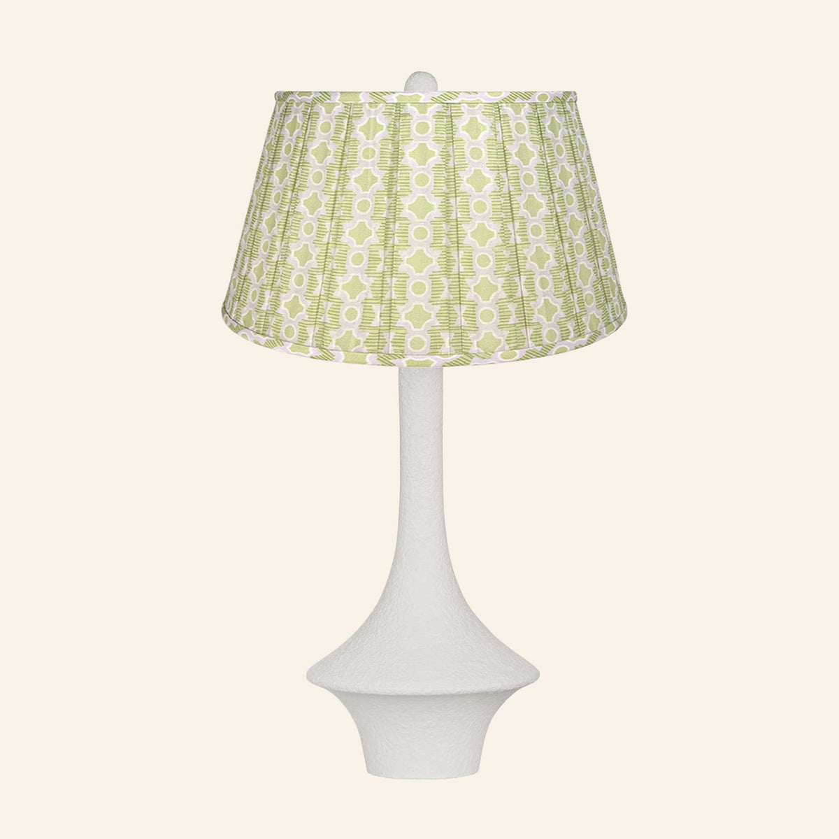 Constance matte white flared table lamp with a Willowbrook green and lavender print pleated shade.