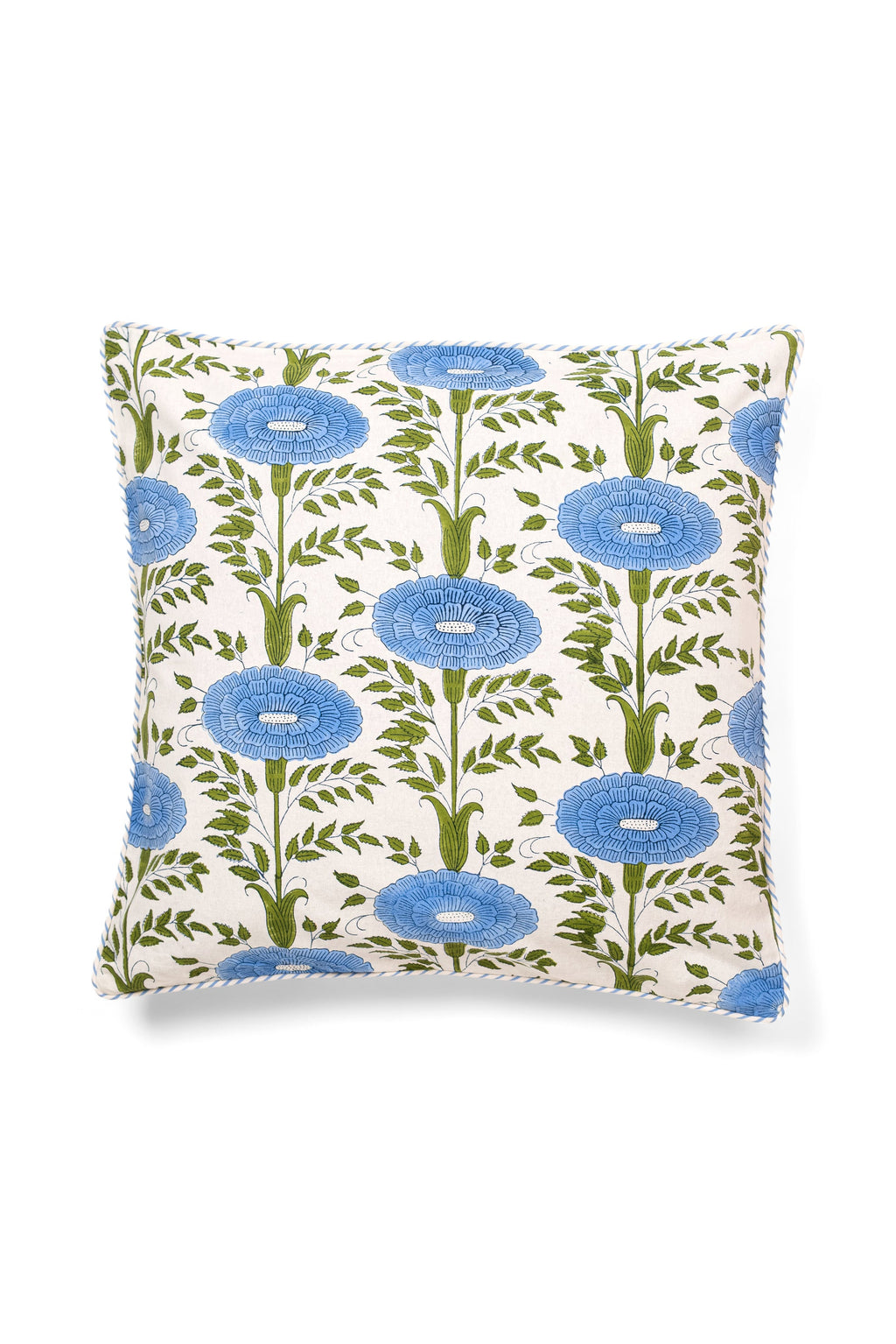 Blue floral block print pillow cover, 20x20, hand printed in Jaipur