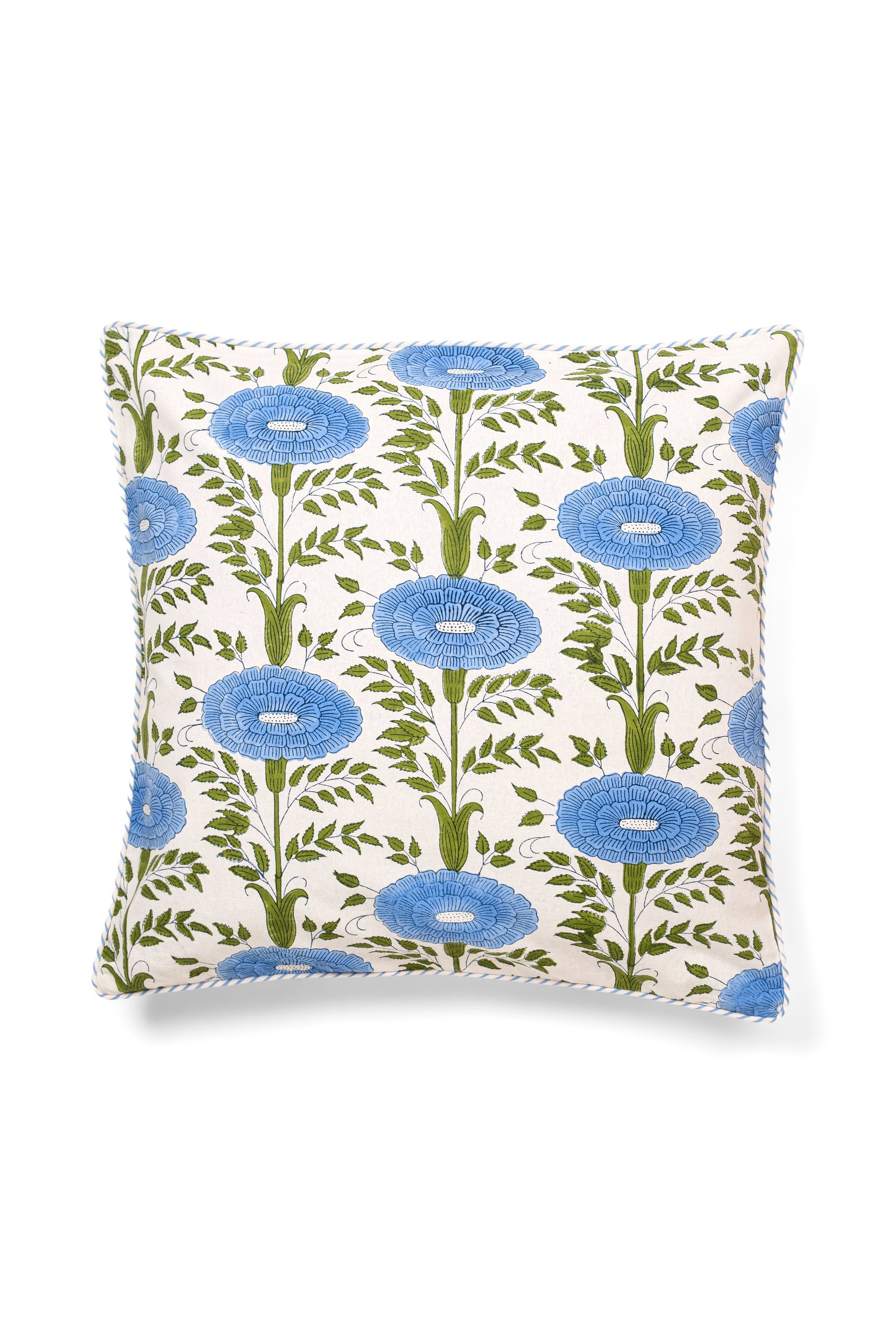 Blue floral block print pillow cover, 20x20, hand printed in Jaipur