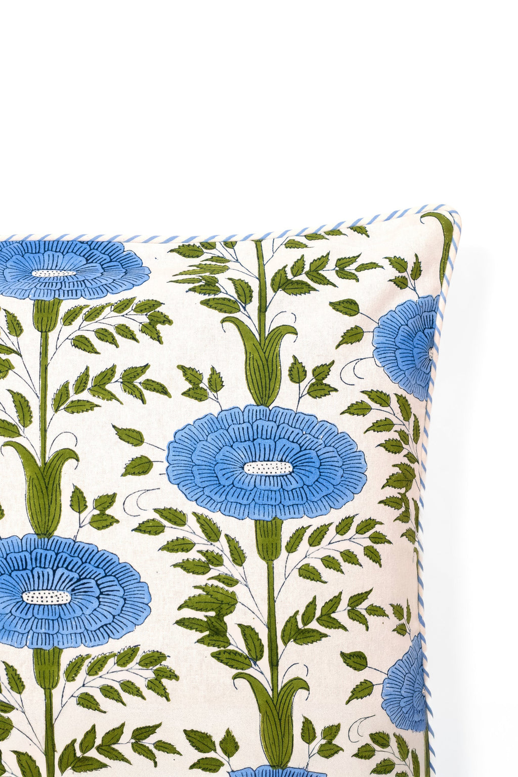 Detail of the Knollwood blue block print floral pillow cover
