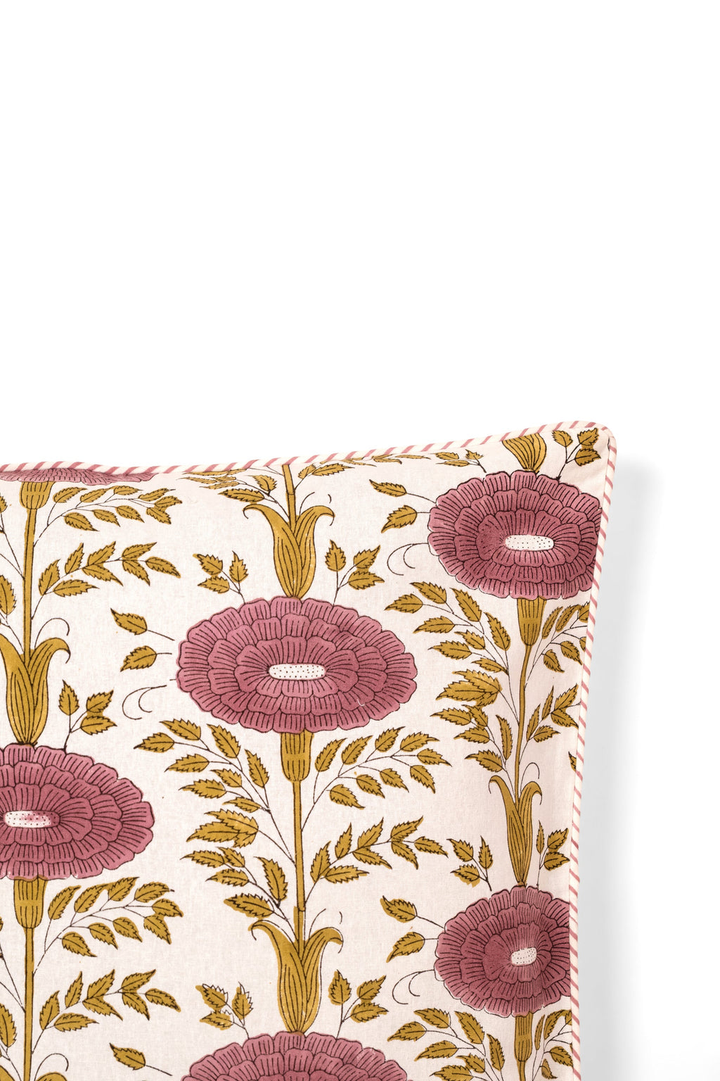 Detail of the Knollwood purple block print floral pillow cover