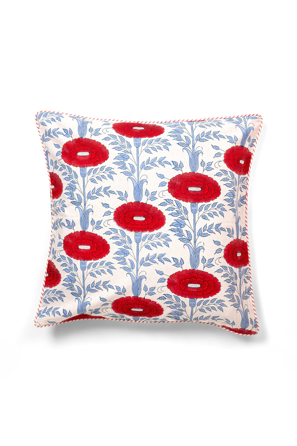 Red floral block print pillow cover, 20x20, hand printed in Jaipur