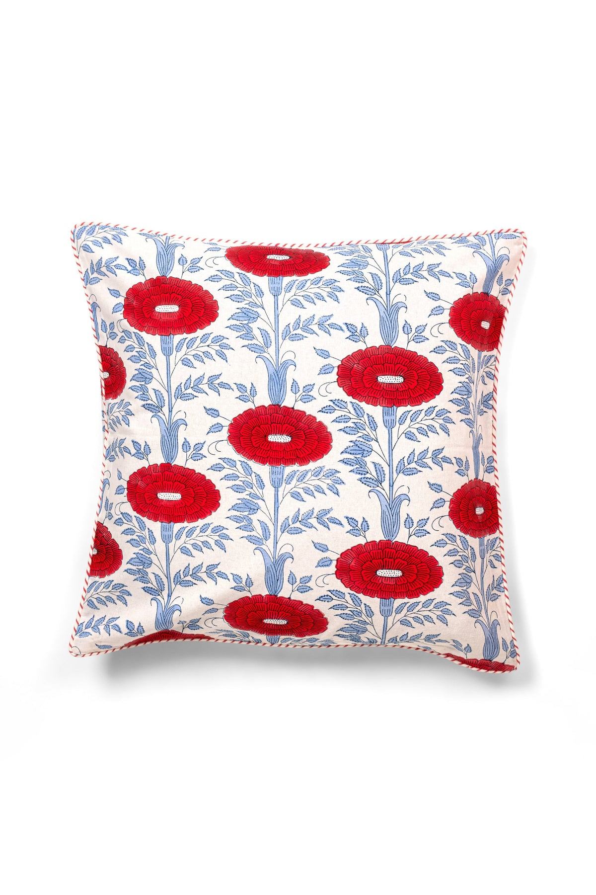 Red floral block print pillow cover, 20x20, hand printed in Jaipur